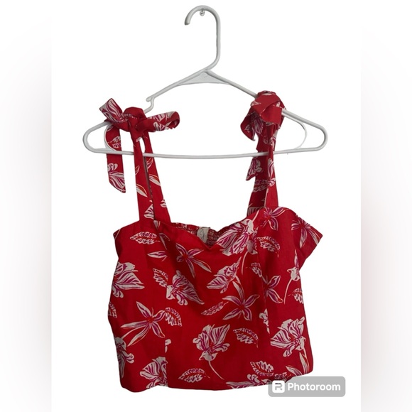 Joie Tops - Red Flowered Crop Tank Top With Tie Straps